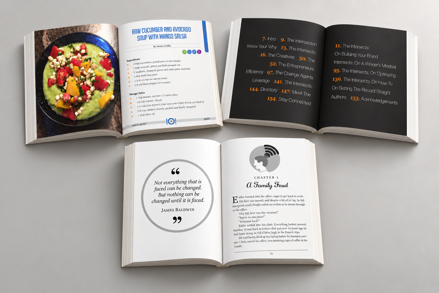 Book interiors mockup showing three open books