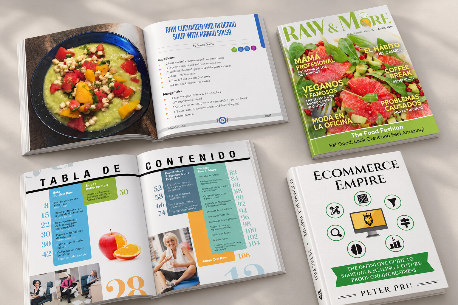 Book interior, Raw & More editorial design and Ecommerce Empire book cover mockup